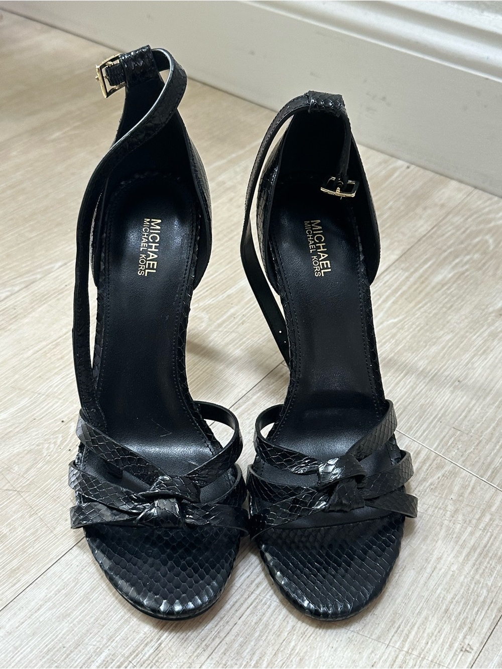 Nvr Worn New Michael Kors Black Snake-Embossed Stiletto Ankle-Strap Sandals - Picture 8 of 8